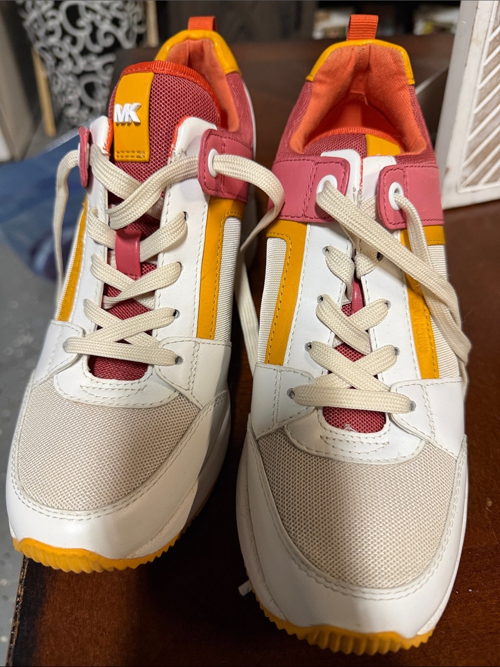 Michael Kors White Pink & Yellow Colorblock Sneakers
